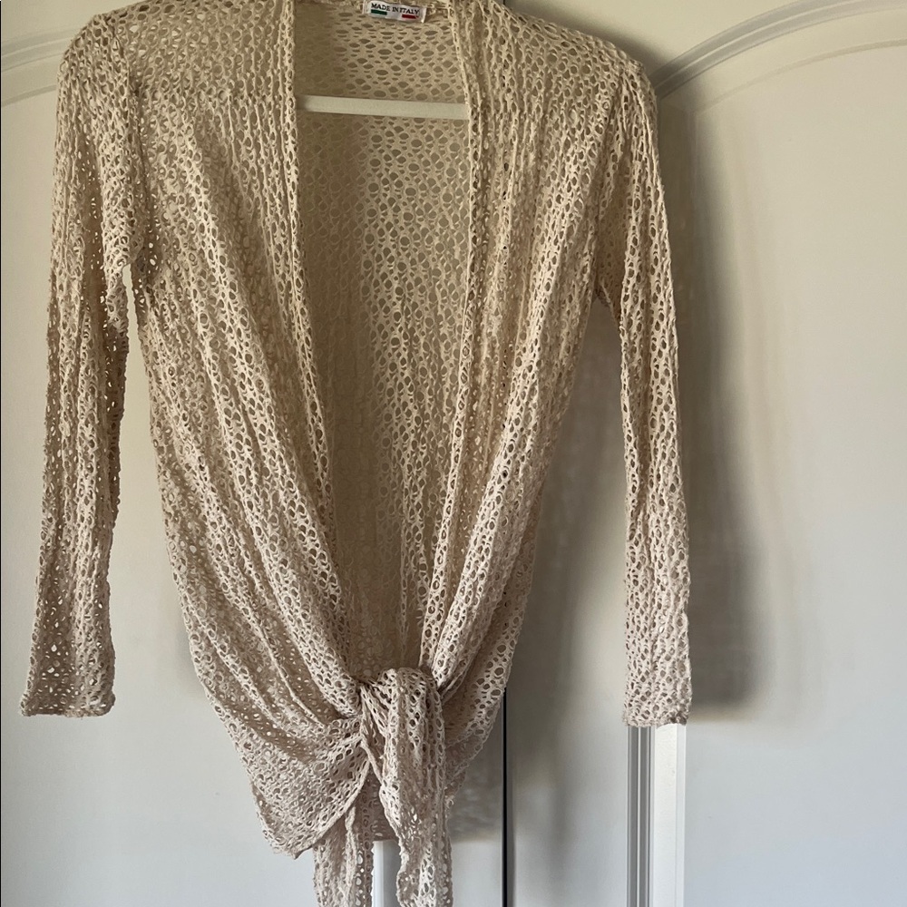 Open Crochet Tie-Front Cardigan Sweater in Cream